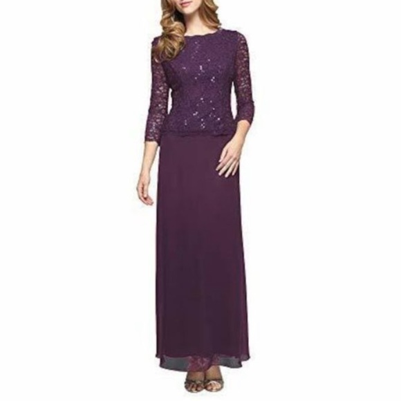 ALEX EVENINGS Sequined lace Floral 3/4 Sleeve long chiffon mock dress SZ  10P - Picture 2 of 9